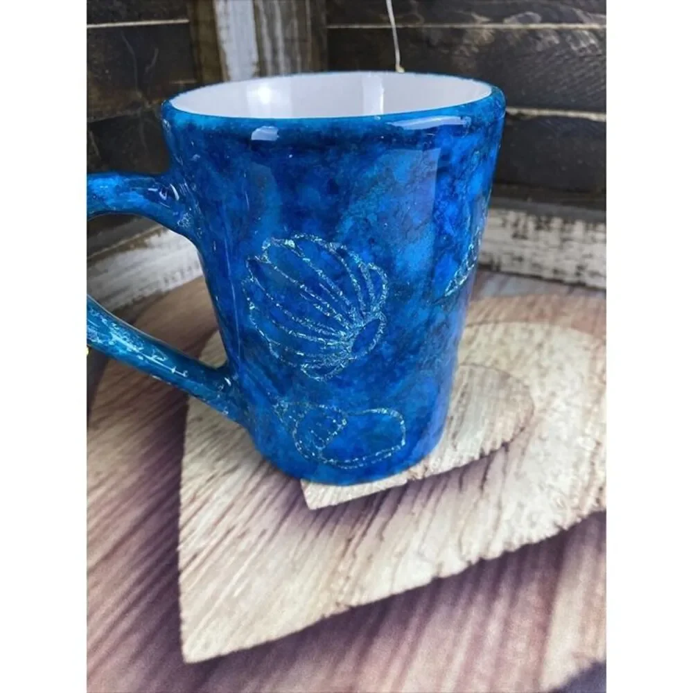 Sea Life Glitter & Alcohol Ink Coffee Mug Handmade Blue Green & Epoxy Resin